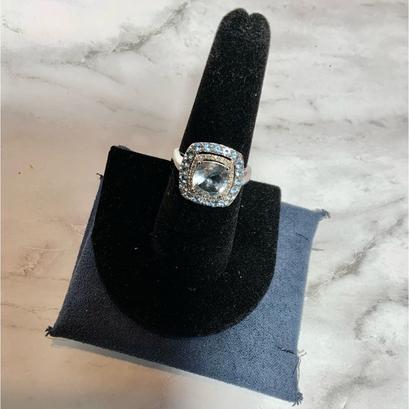 Stunning 10K Cushion-Cut Swiss Blue Topaz & Diamond Ring - Double Halo - Sz 6.75 - Picture 5 of 16